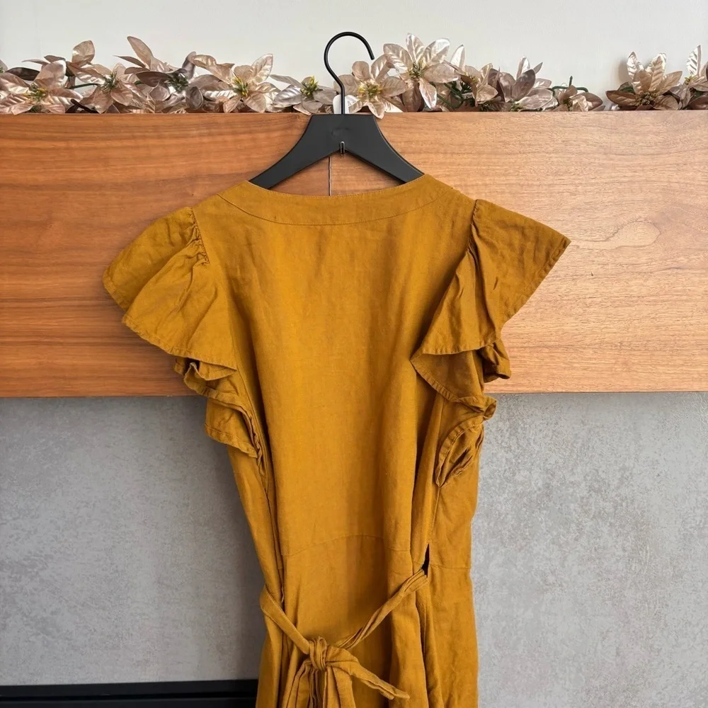 Madewell Linen-Blend Ruffle-Sleeve Wrap Midi Dress, Size S